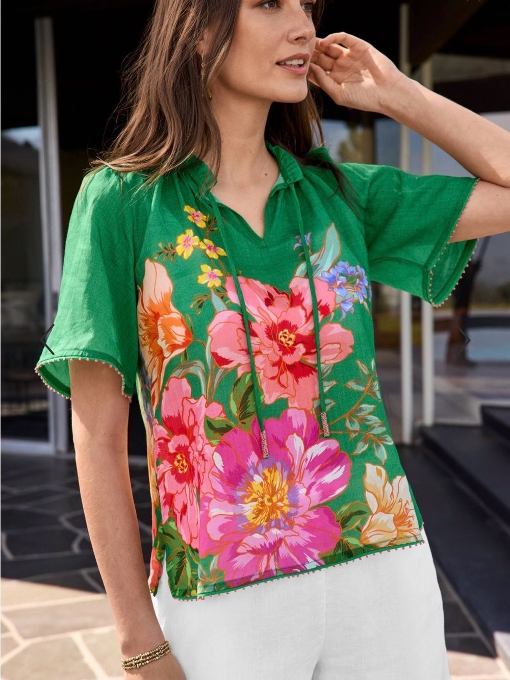 Johnny Was Green Floral Flutter Sleeve Blouse with Pink & Orange Blooms S - Picture 3 of 10